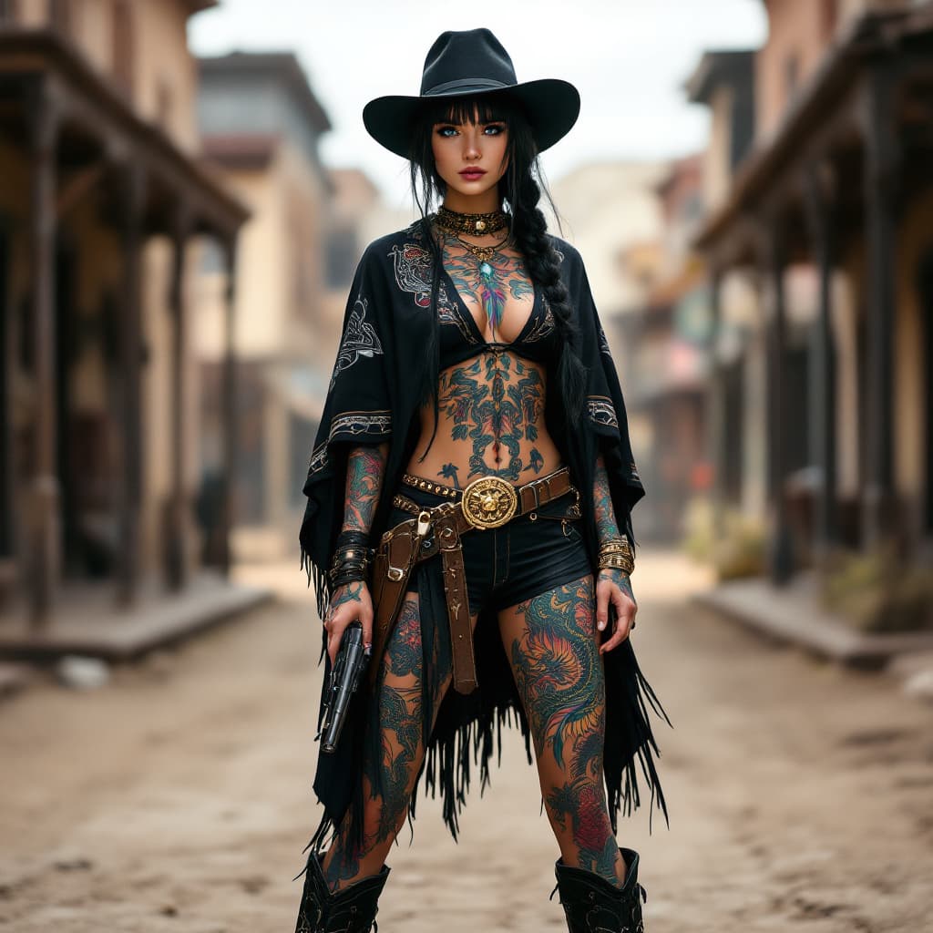 AI generated: Full body photo HD beautiful girl standing old west street, wearing a black Stetson with brim just a...
