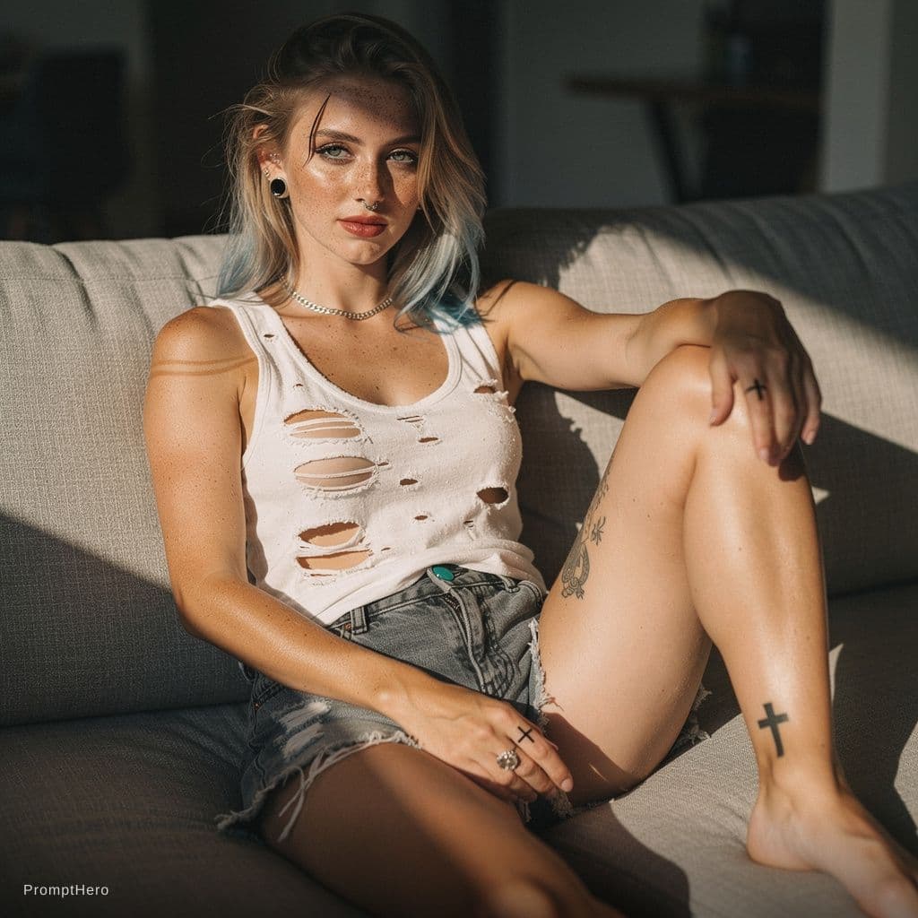 AI generated: A leg up snap of a freckled young woman relaxing on a neutral-toned sofa, with striking grey-blue ey...