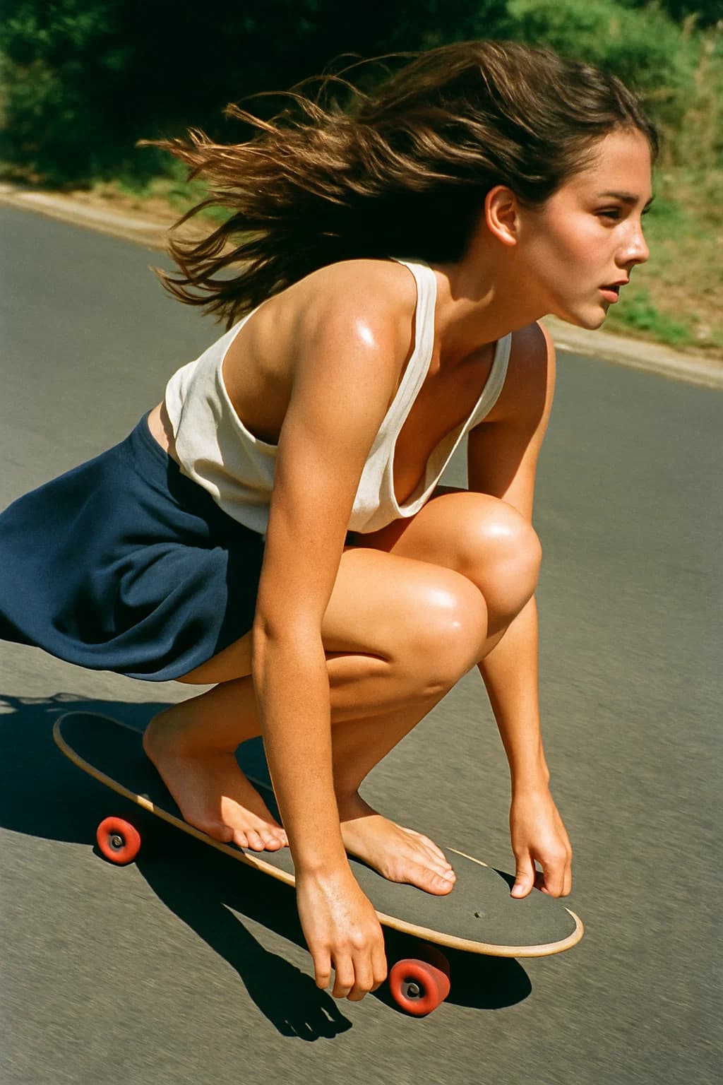 AI generated: Flash photography freezes her movement but casts sharp contrast — her hair is caught mid-whip, skirt...