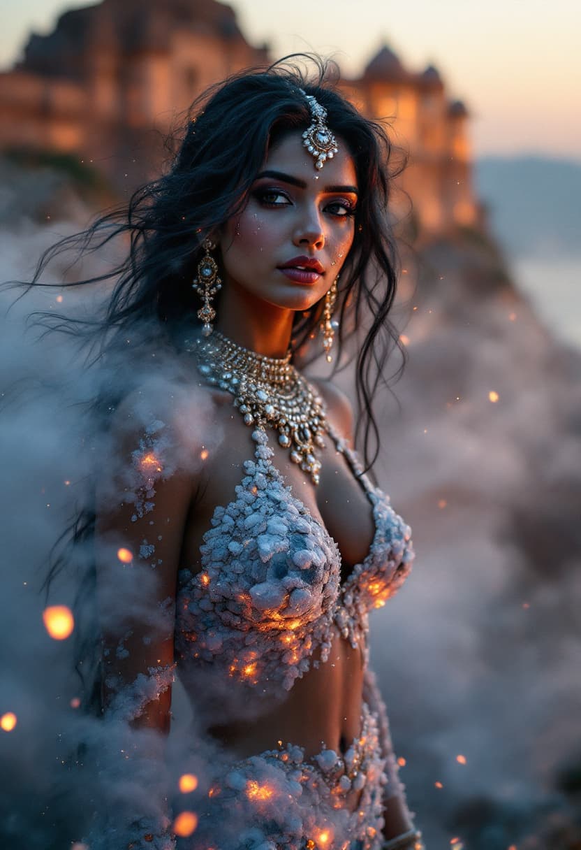 AI generated: full body, a Indian bride with fiery black hair, surrounded by swirling mists of ammonium-iron-sulfi...