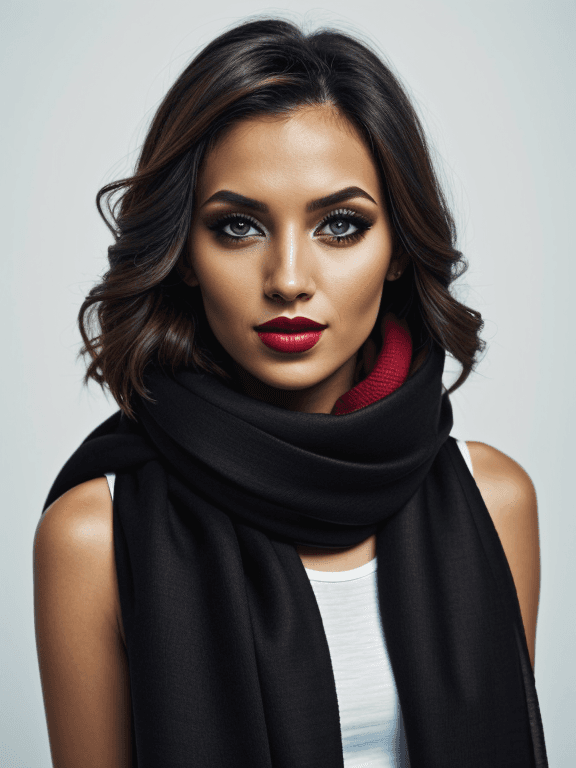 AI generated: breathtaking portrait of a gorgeous girl,sultry,red scarf,dark gold and black,gossamer fabrics,jagge...