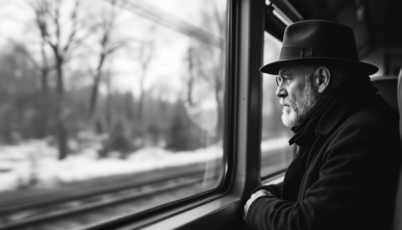 AI generated:  high definition black n white - camera shot from side angle - man in black coat and hat seeing view...
