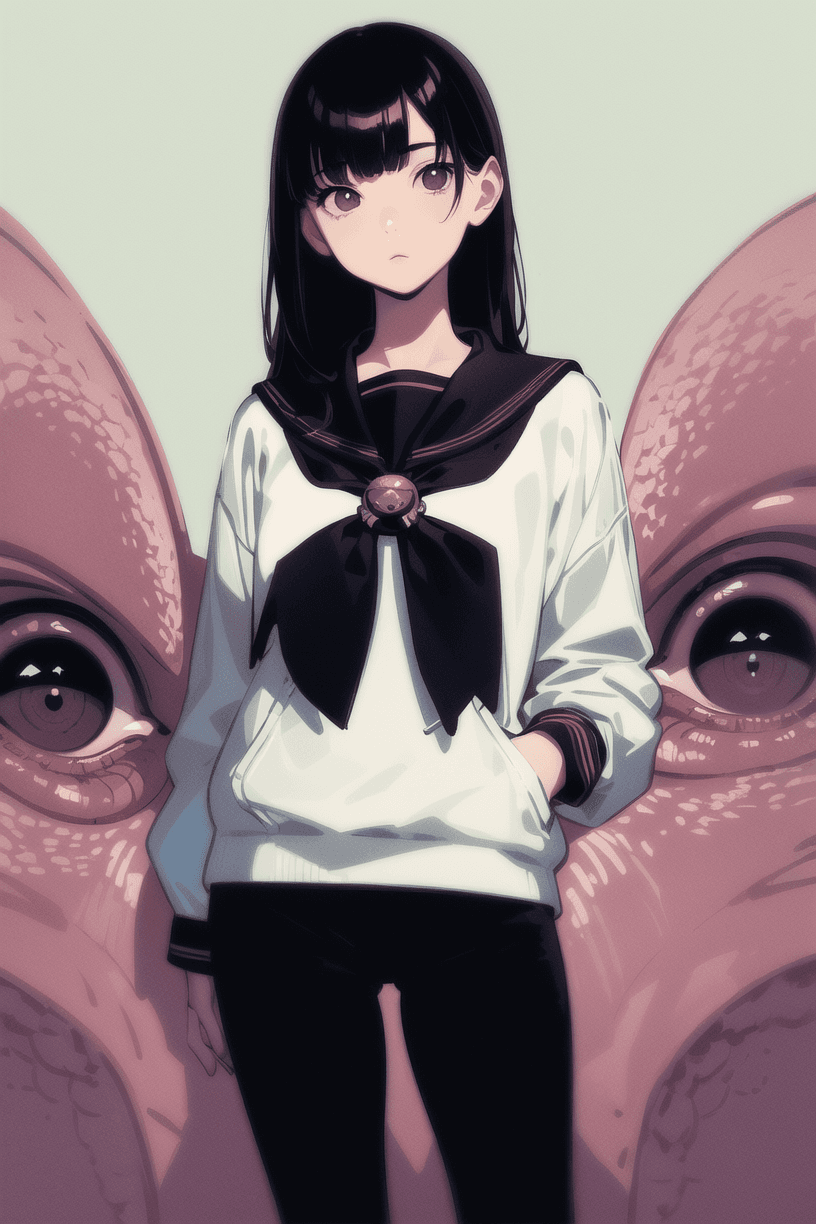 AI generated: 1 girl, solo, masterpiece, sailor clothes, cute, round eyes, calm, cool face, girl with Wayne Barlow...