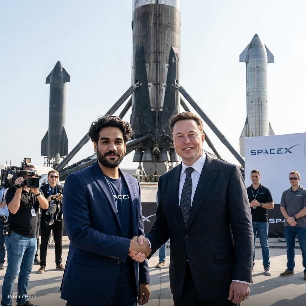 AI generated: with Elon Musk in front of a SpaceX rocket, professional setting