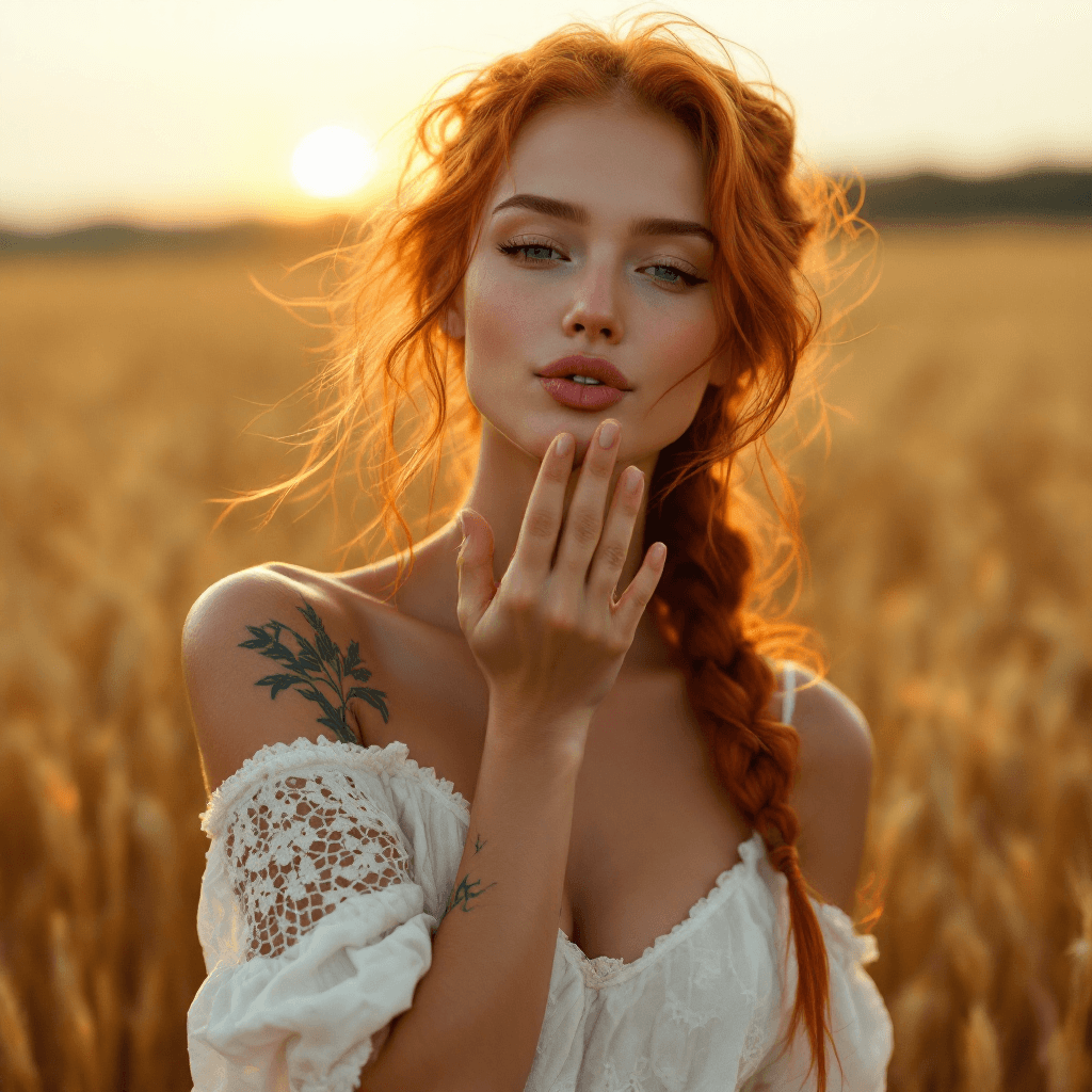 AI generated: A fit, very pale woman with long neon red hair in a slightly loose braid stands barefoot in a golden...