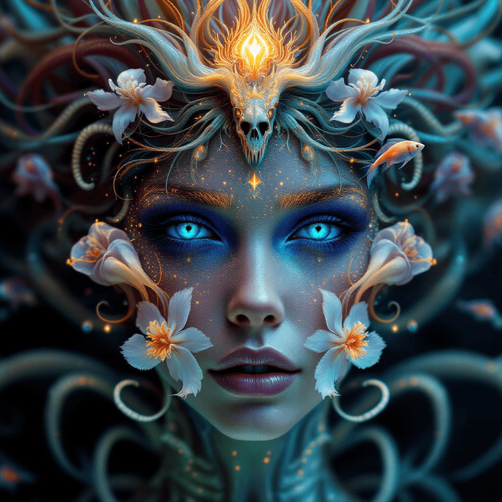AI generated: Goddess close-up portrait ribcagel. jellyfish phoenix head, nautilus, orchid, skull, betta fish, bio...