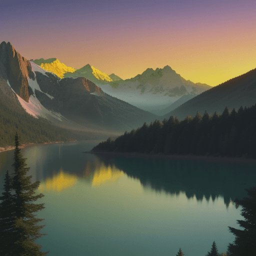 AI generated: Retro Sunset, Mountain Lake scene, green, gold, illustration, inspired by James Jean variation 2
