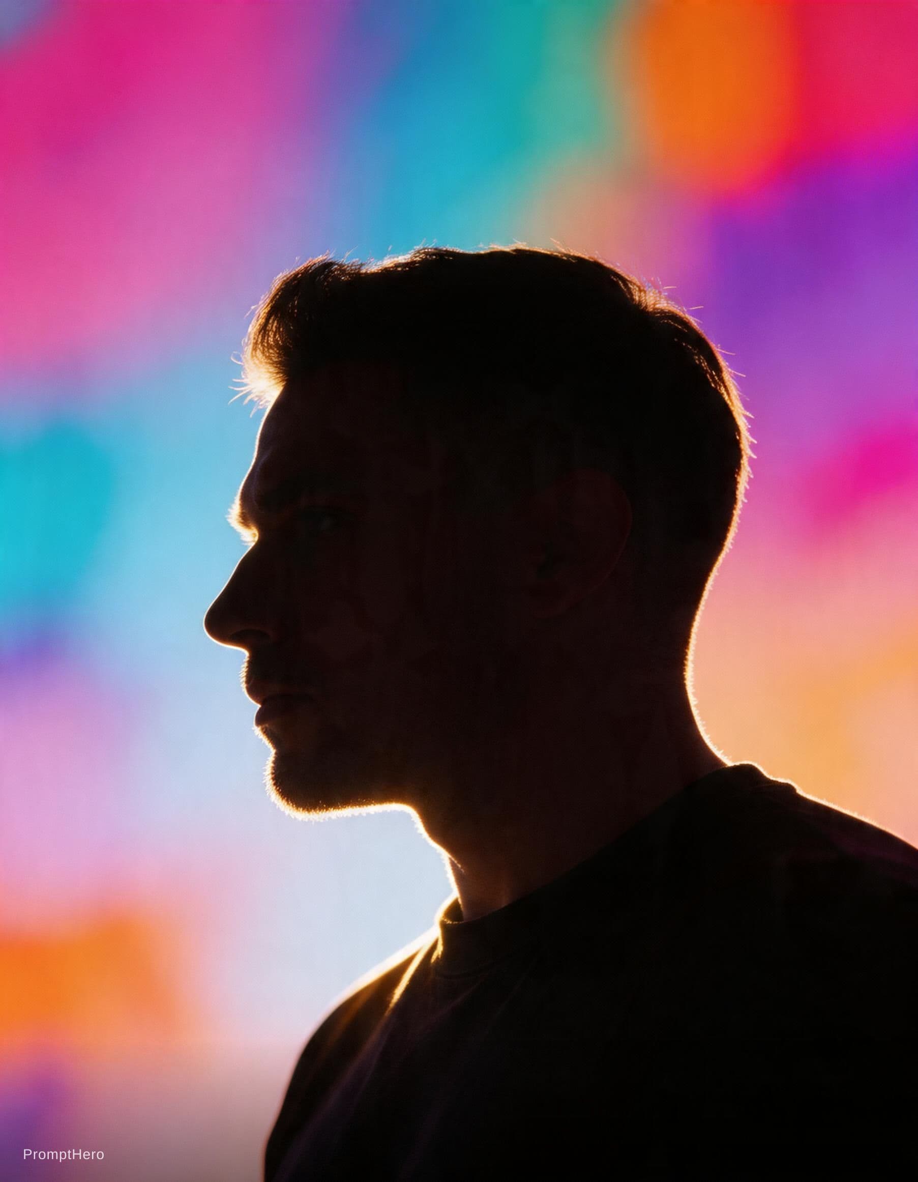 AI generated: photography, portrait. power of contrast, man model profile silhouette of a vibrant randomly color b...