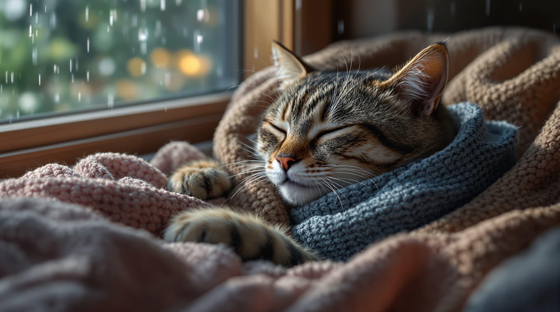 AI generated: a realistic bipedal American Shorthair cat sleeping peacefully indoors, wearing cozy clothes, while ...