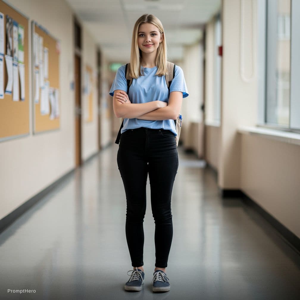 AI generated: A college girl of 18 years old with blonde hair and light green eyes wearing plain light blue colour...