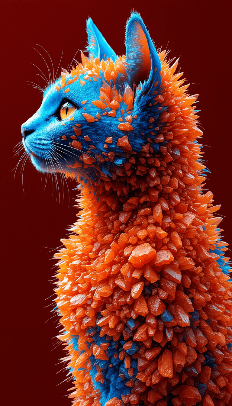 AI generated: A blue tabby made from rough orange crystals, in profile, side view, surrealism, pencils, fashion il...
