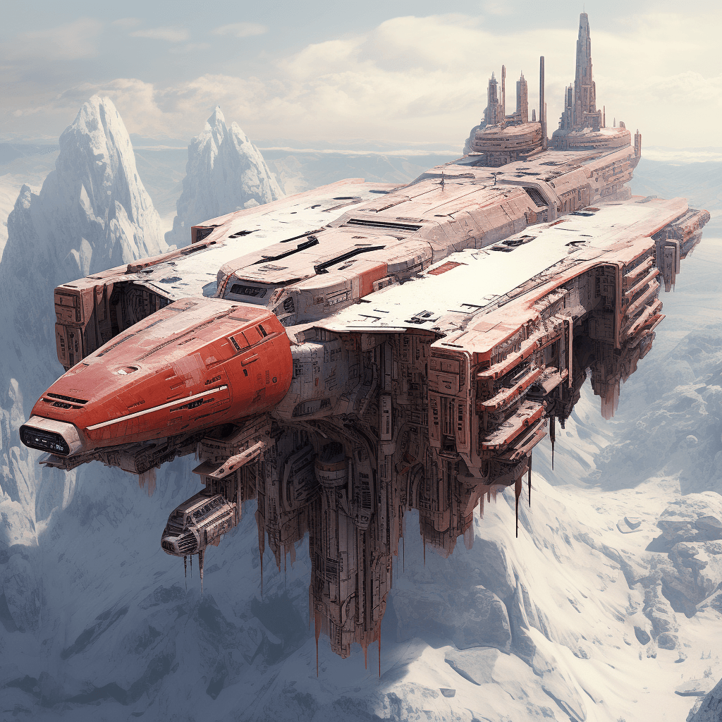 AI generated: futuristic spaceship floating in snow and ice, red and beige color, in the style of fantastical ruin...