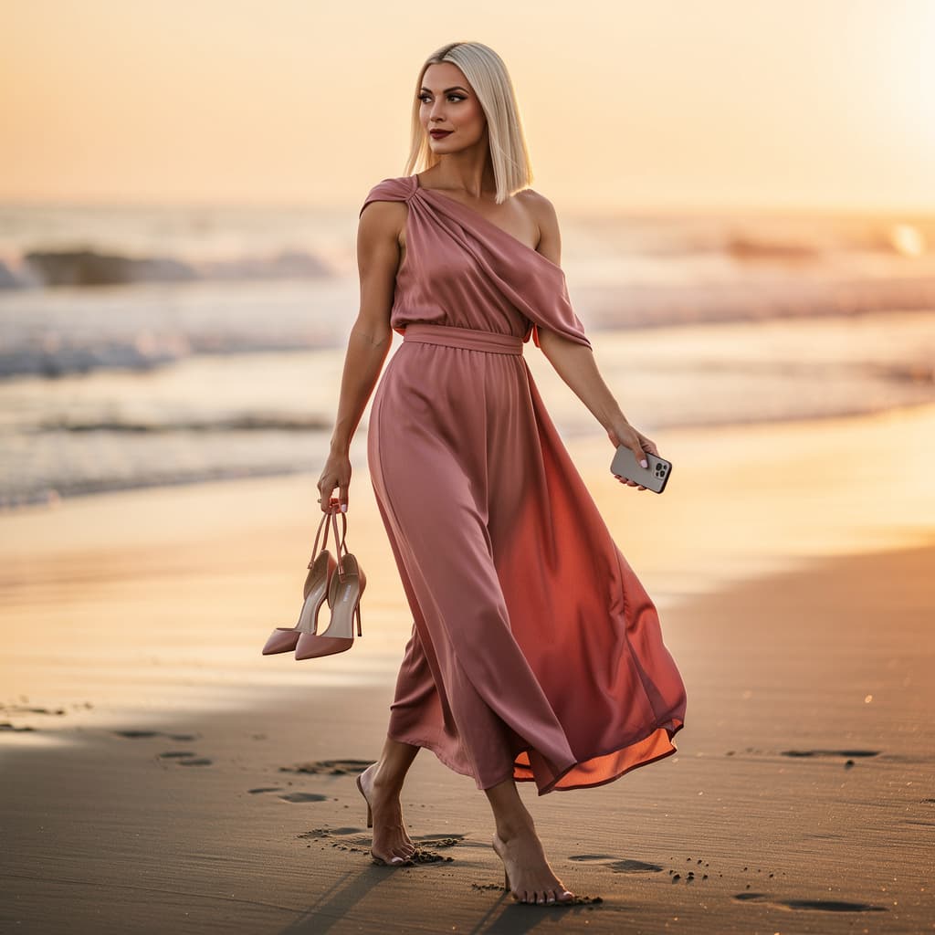 AI generated: Slavic Hot 33 year old Hot mom she Has tall Thick thighs posing while walking in a Beach during suns...