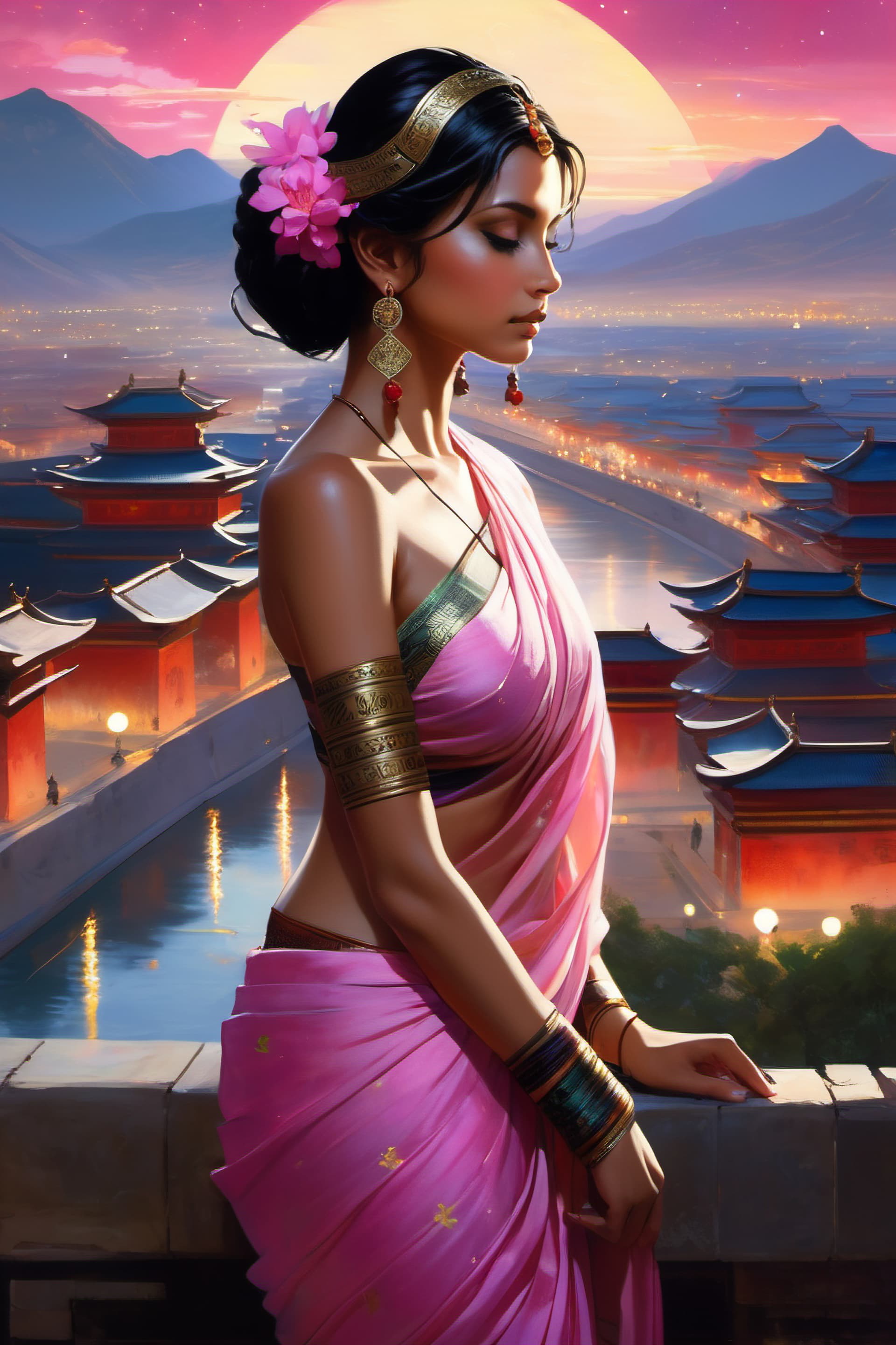 AI generated: masterpiece,best quality, renaissance style girl,dark Jet black Top knot hair,Bare shoulder,beautifu...