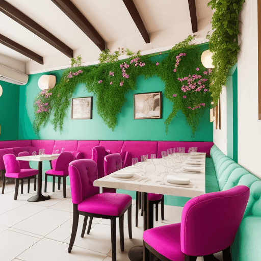 AI generated: Big Greek vibe restaurant modern style with fuchsia flowers and green leaves wall arches with indire...