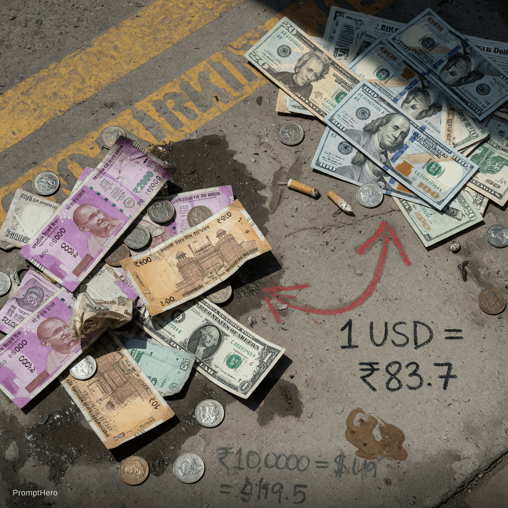 AI generated: Fallen of india rupees comparison of USA dollars