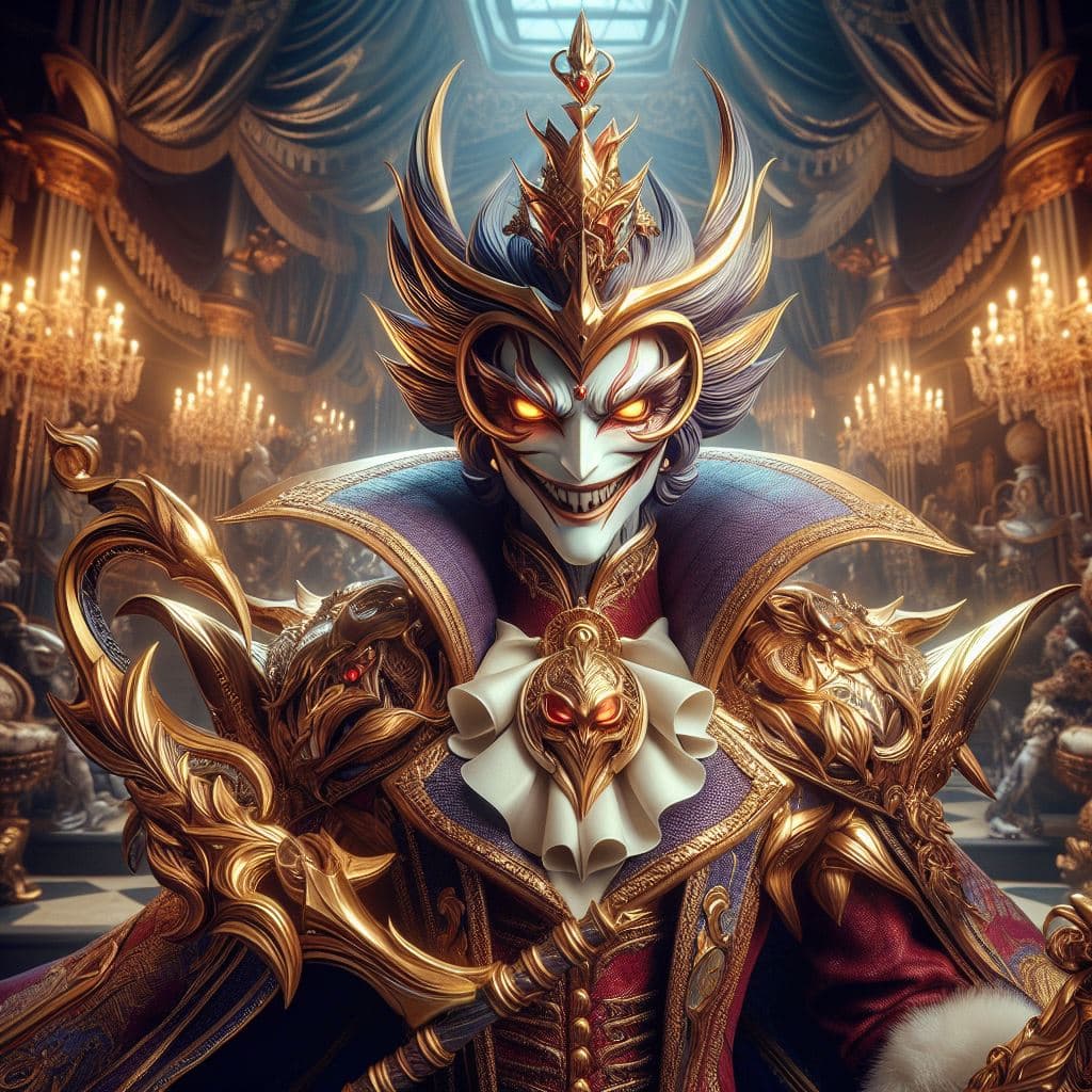 AI generated: Royal Shaco in a hyper-realistic photograph set amidst a grand and opulent royal court. Showcase his...