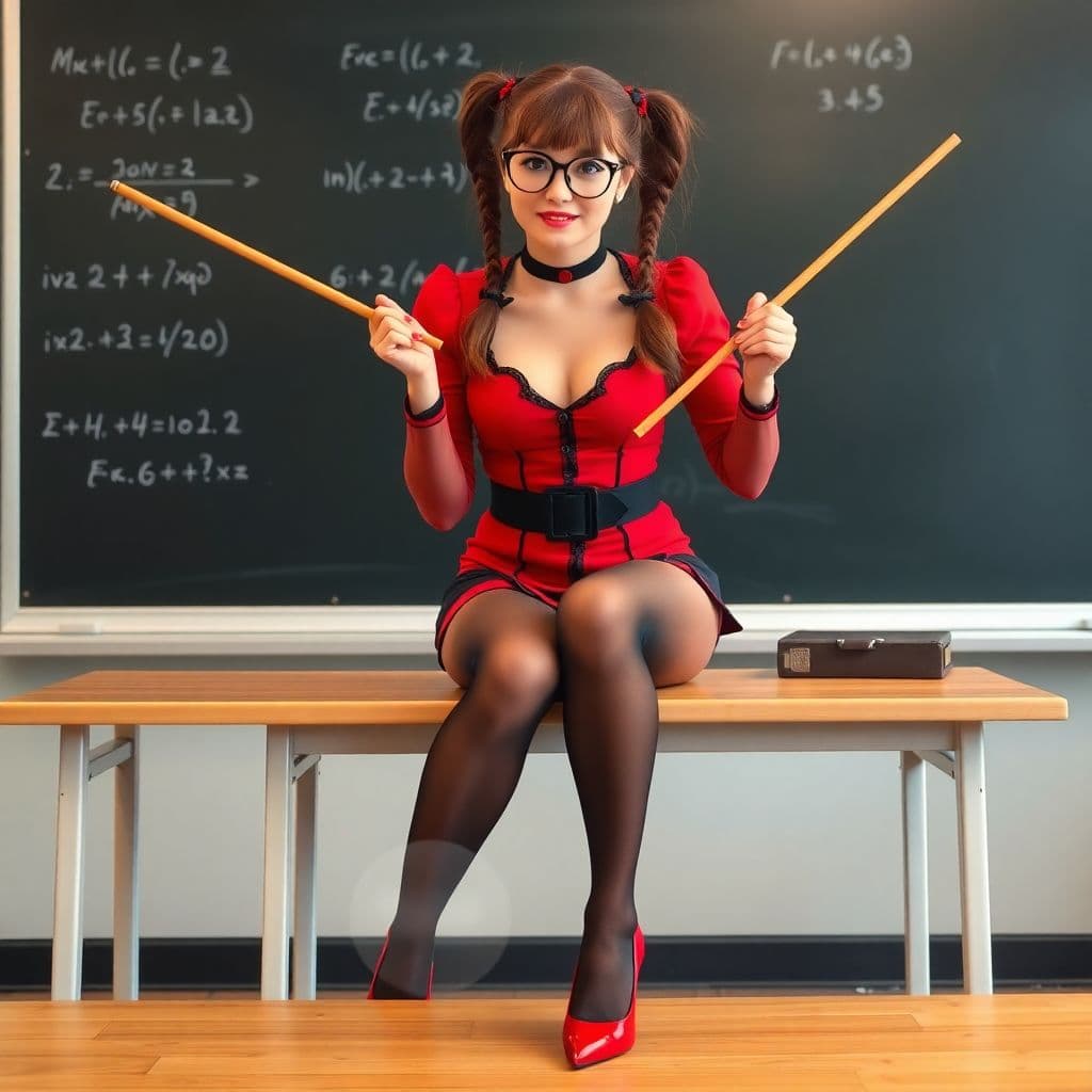 AI generated: photo of a 24-year-old woman with twintails and big round glasses wearing tiny red outfit with black...