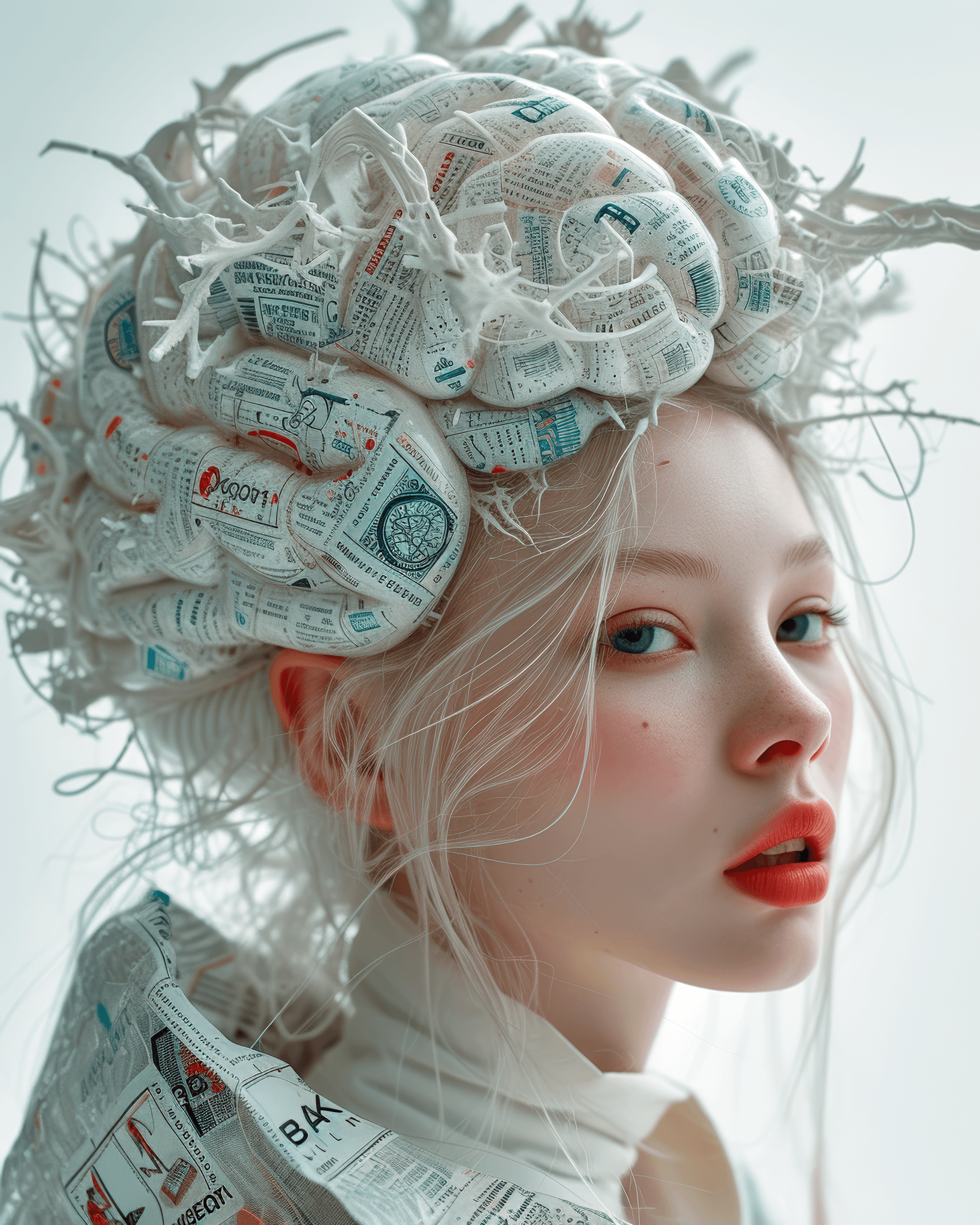 AI generated: This image shows [a white woman] with a very distinctive and stylized [neon brain] that is designed ...
