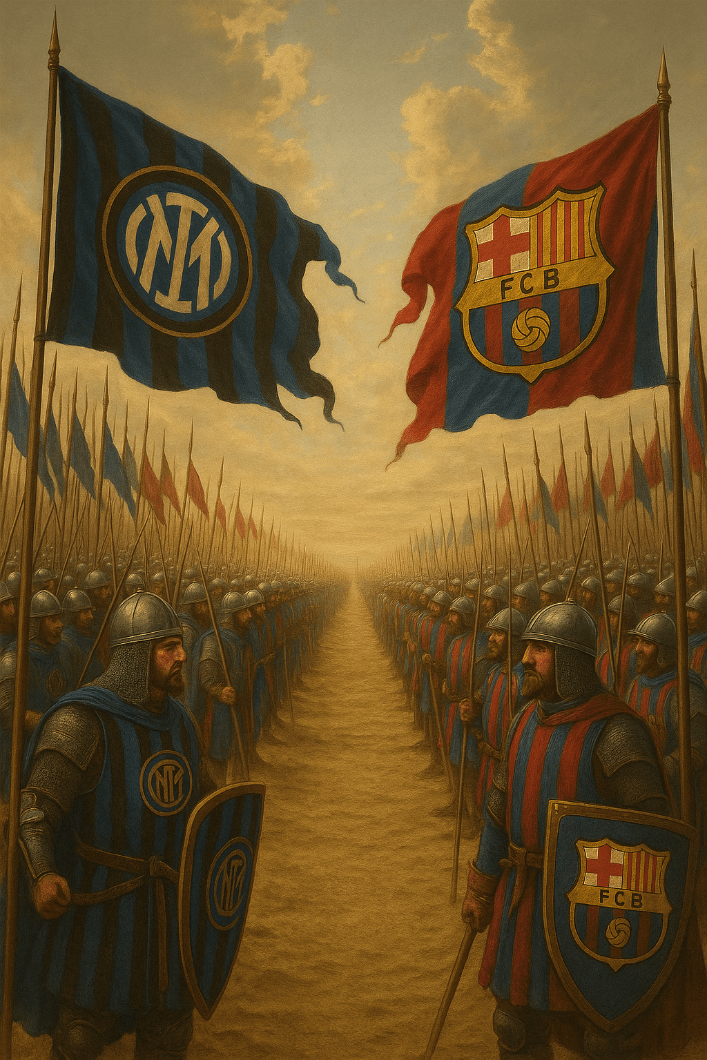 AI generated: Two giant medieval armies standing against each other ready to fight, one army resembles inter milan...