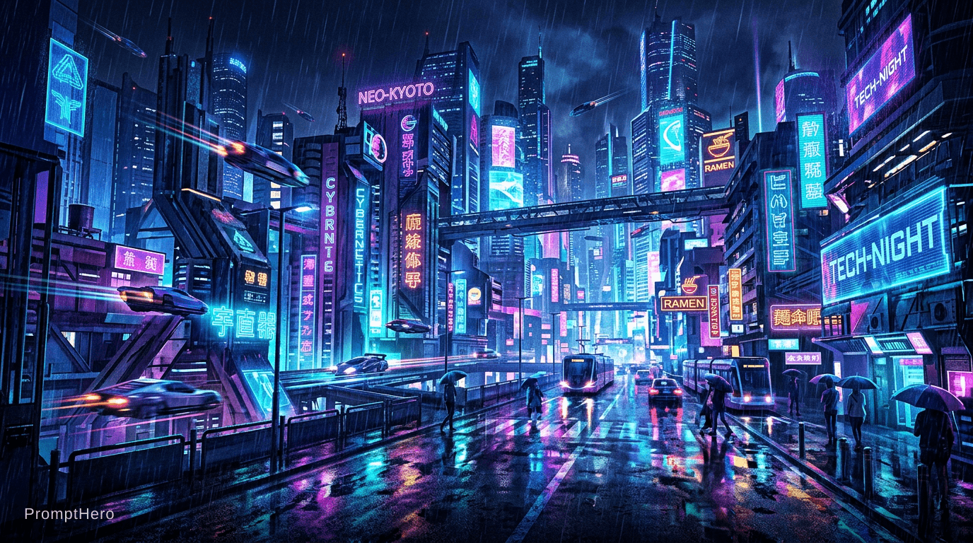 AI generated: neon cyberpunk city at night, rain reflections, purple and blue lights, futuristic