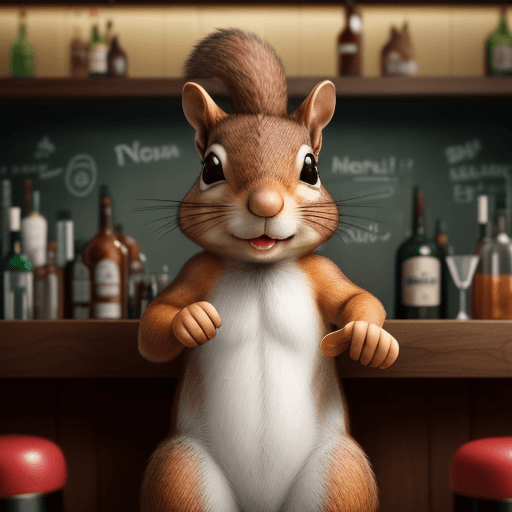 AI generated: Create a silly but photorealistic squirrel standing in a bar. He was drunk and pointing at everythin...
