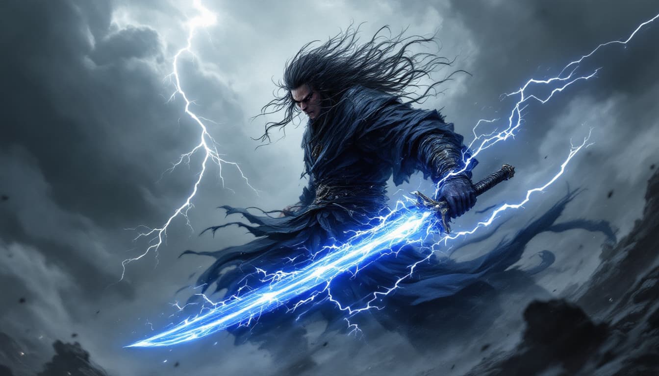 AI generated: A fierce warrior, shrouded in shadows and dynamic energy, wields a glowing blue sword that crackles ...