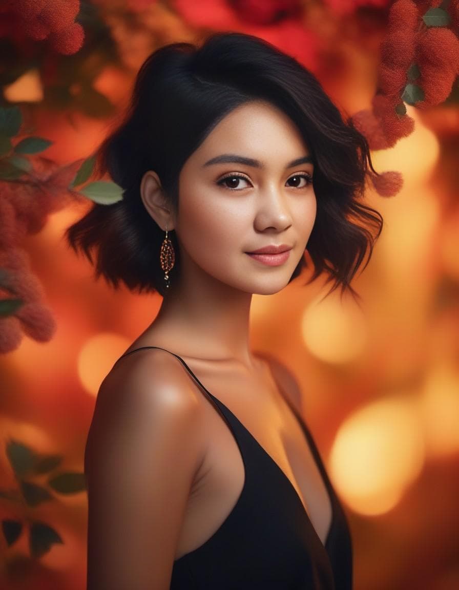 AI generated: Medium length shot, a gorgeous woman, vibrant colors, warm color hues, stunning scenery, natural bea...