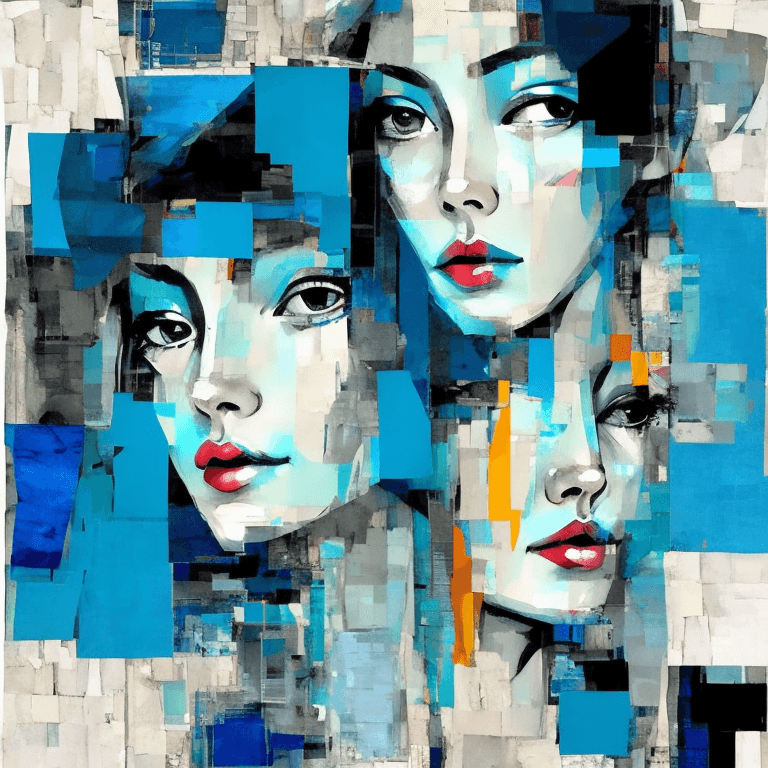AI generated: print collage of a woman's face, in the style of josef kote, grunge beauty, dain yoon, cyan and blue...