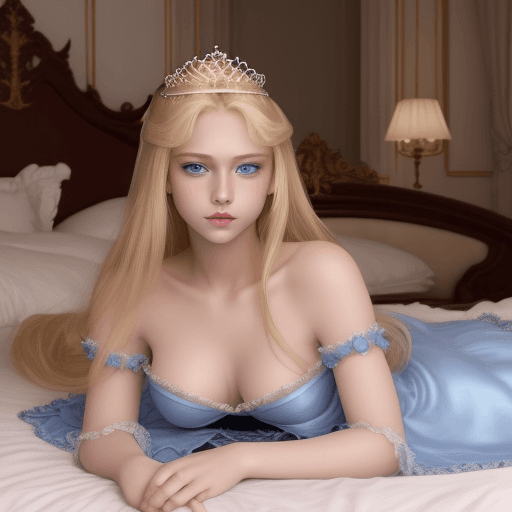 AI generated: A young princess with blue eyes and blond hair with sensual and erotic clothes on a bed in a room
