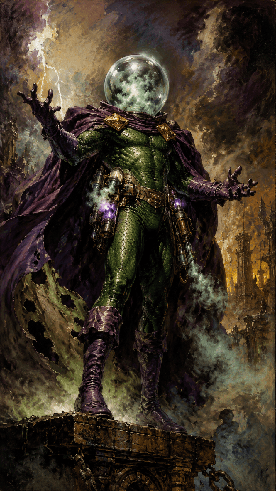 AI generated: A mysterious theatrical villain standing in a dramatic full-body pose atop a ruined stone platform s...