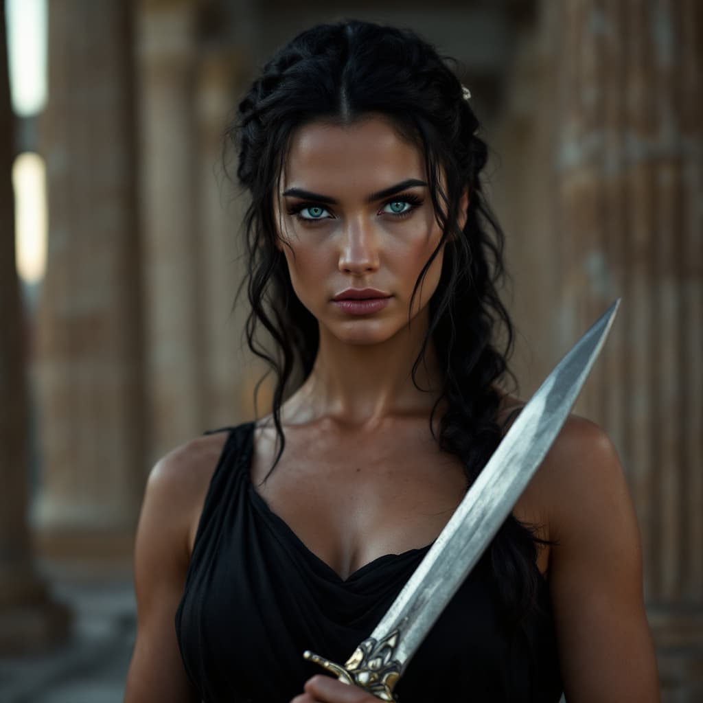 AI generated: A realistic photograph of a Greek woman, set in a Greek temple. She has wavy black hair tied back in...
