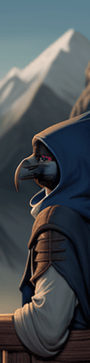 AI generated: D&D Character, kenku a person with a hood on  mirando de perfil , backround mountains

