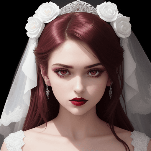 AI generated:   The image features a beautiful girl wearing a white wedding dress, maroon lipstick. The girl is po...