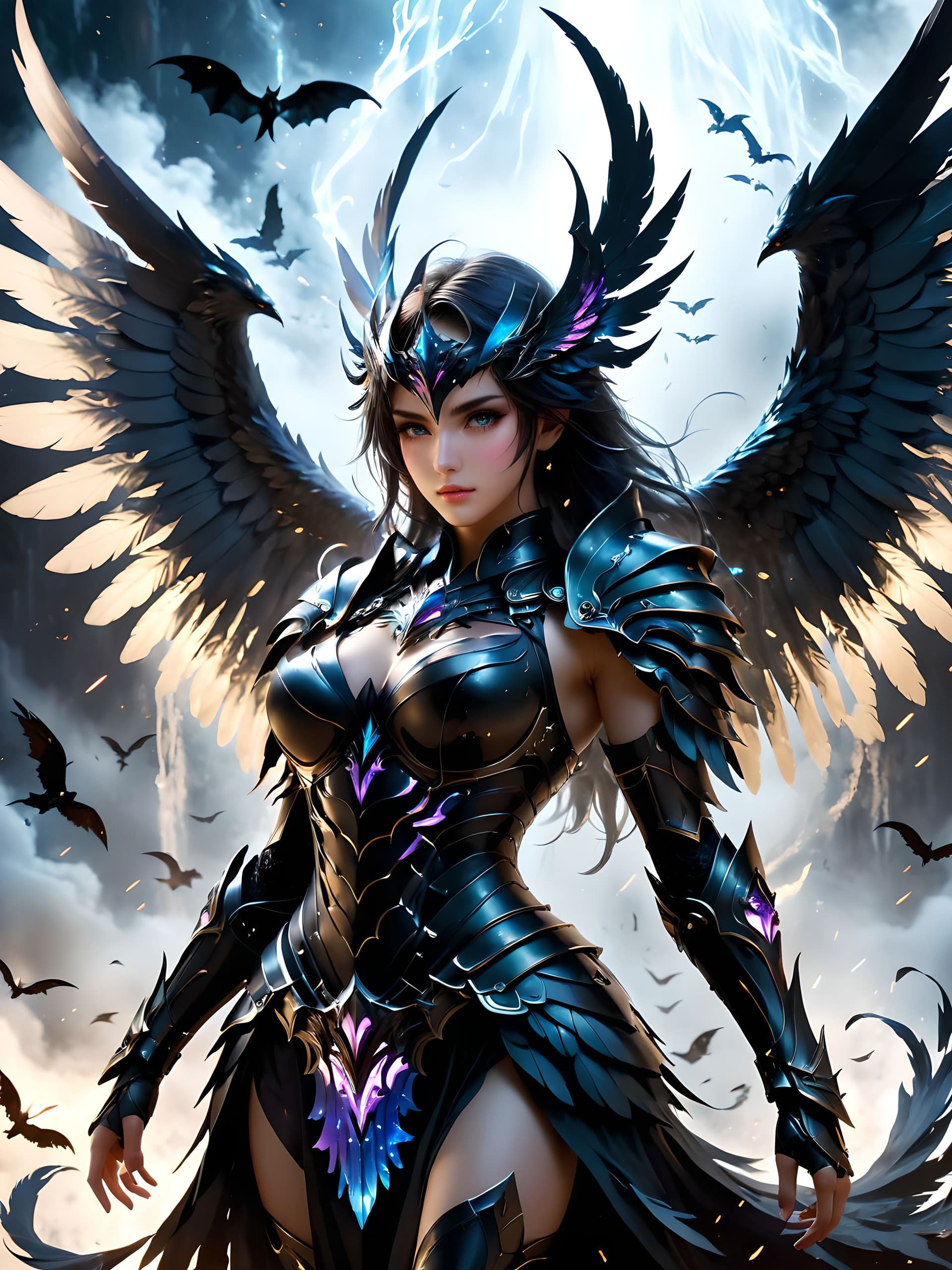 AI generated: Papercut collage of , A formidable Dark Valkyrie clad in ominous, winged battle armor, forged from e...