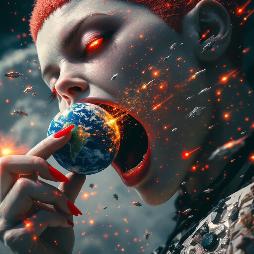AI generated: enormous giantess female V from Cyberpunk 2077, red hair half shaved head,
bigger than a galaxy  flo...