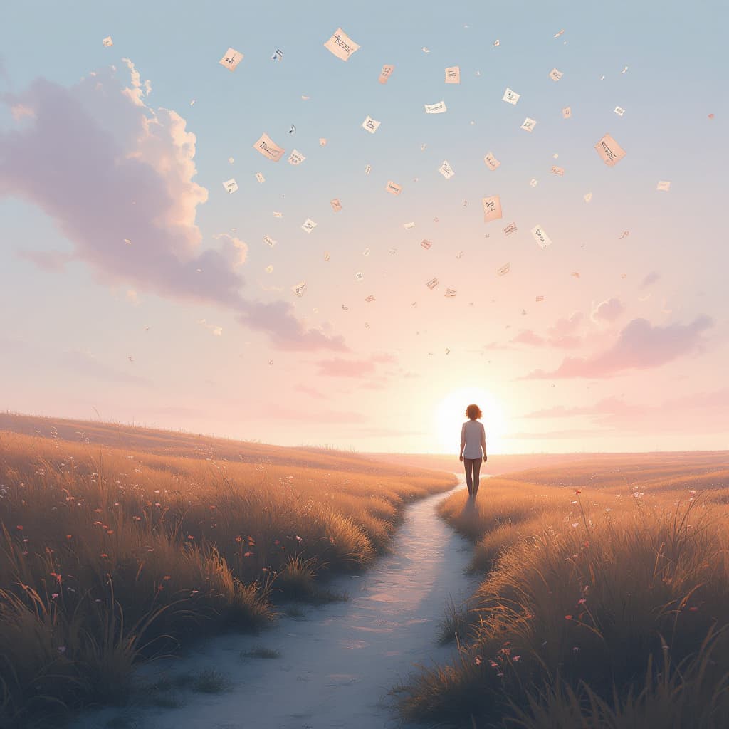 AI generated: A poetic, dreamlike scene of a lone figure standing in an open field at dawn, wind gently blowing. M...