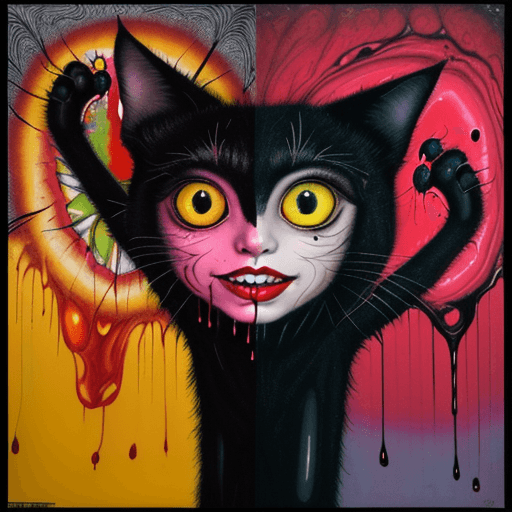 AI generated: A black cat with yellow eyes and glowing teeth, in the style of David Wiesner, John Brack, Robert Ra...
