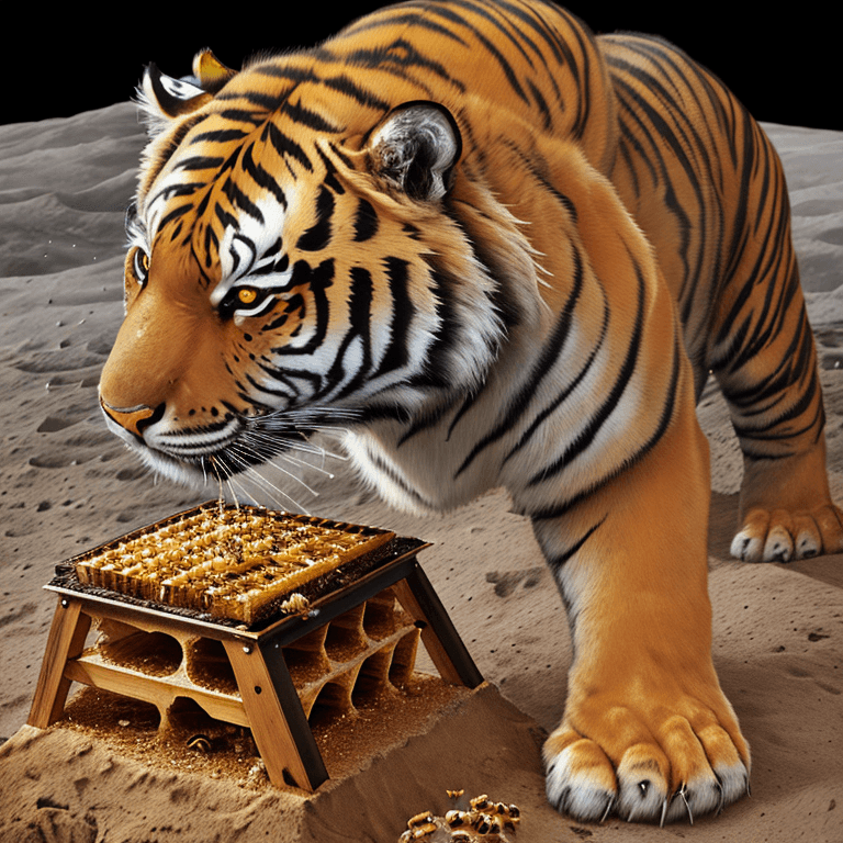 AI generated: Photo realistic photo of tiger on the Moon eating honey from a bee hive