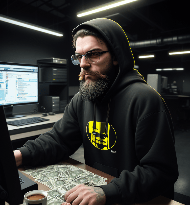 AI generated: hacker, darkroom, coder, computer, man, medium beard, cool, grunge, (typing), ultra-detailed and det...