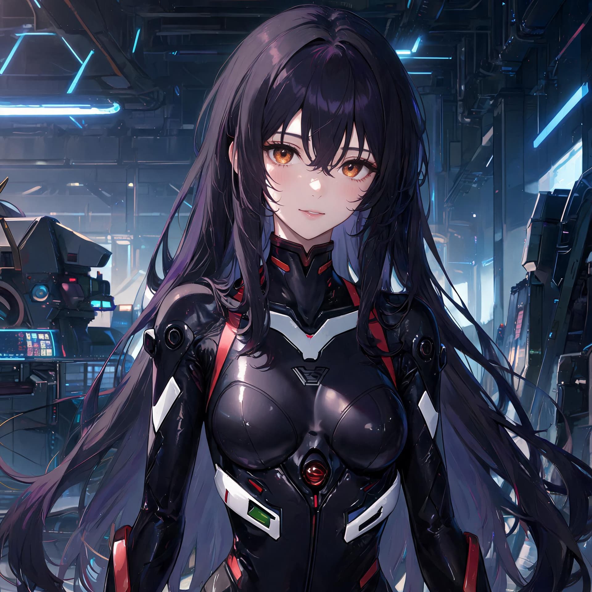 AI generated: Hyper realistic painting of a beautiful girl in an black EVA plugsuit,hyper detailed,anime,by greg r...