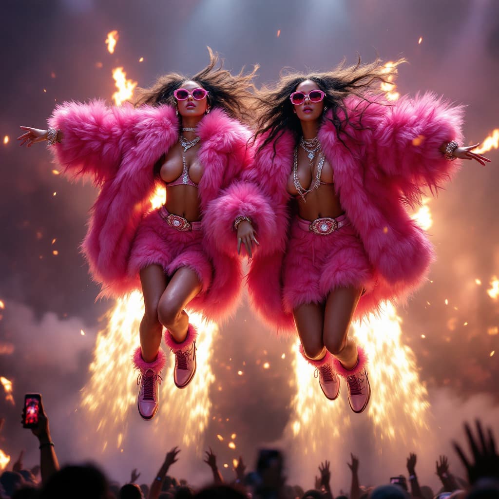 AI generated:  twin sisters on stage, dressed like rappers, flying on jetpacks, wearing pink fur coats, wearing di...