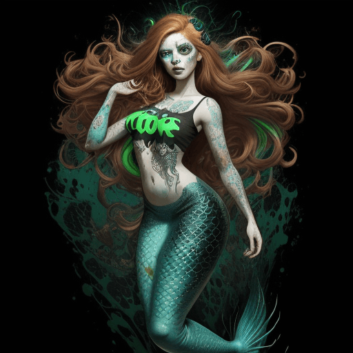 AI generated: a full body photo shot of a gorgeous cute (Mermaid) ginger with long brown hair, wearing a T-Shirt m...