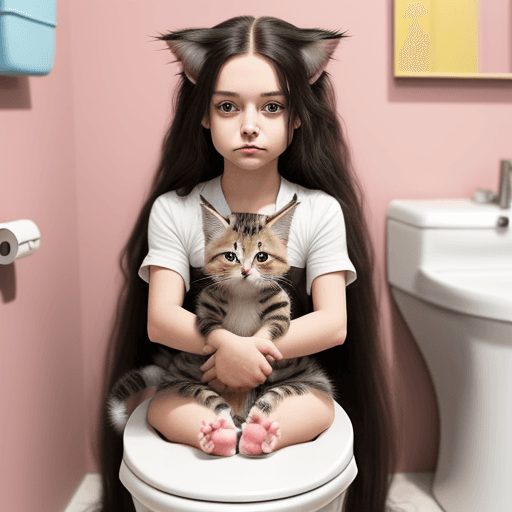 AI generated: cute kitten with long hair and many colors and is sitting in a toilet trying to poop