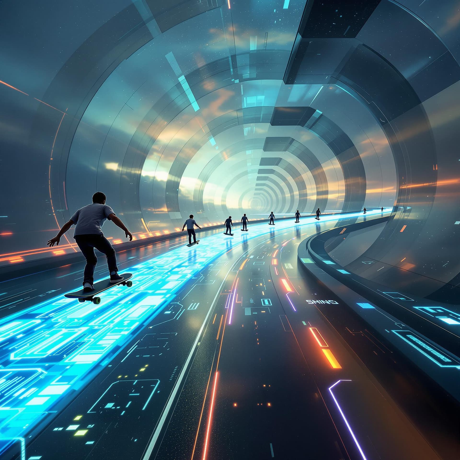 AI generated: 	30. Fliegende Skateboards auf futuristischen Highways
Eine Gruppe von Menschen auf fliegenden Skate...
