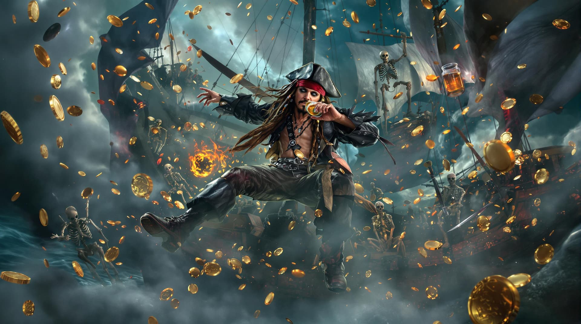 AI generated: Highly Detailed Jack Sparrow drinking rum while levitating in midair, hallucinations of gold coins, ...