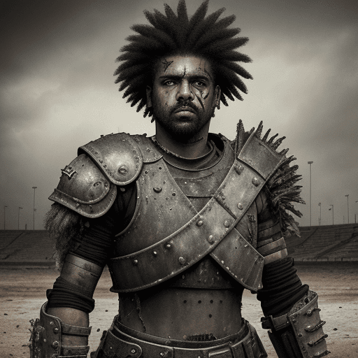 AI generated: A portrait of a post-apocalyptic Pibe Valderrama with battle scars, colombian armor, and football, s...