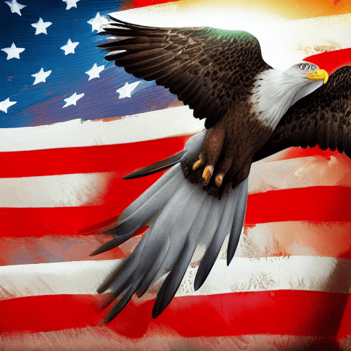 AI generated: Photo of a ultra realistic Eagle upon American Flag Background, dramatic light, pale sunrise, cinema...