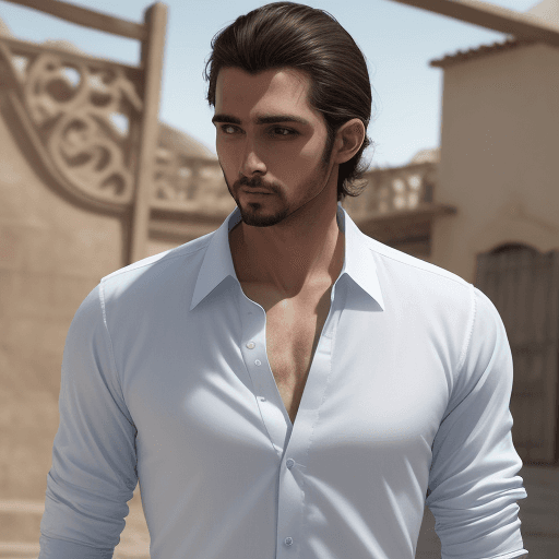 AI generated: Primer plano de un hombre vistiendo una guayabera blanca con bordados azules. La camisa tiene un cue...