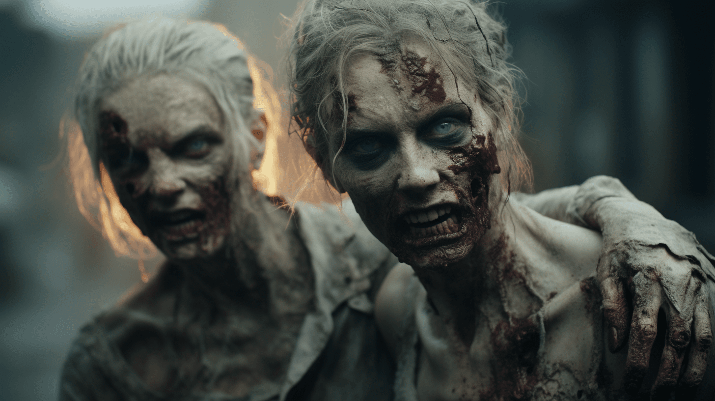 AI generated: male zombie and female zombie,wear and tear, captured by red epic cameras, film directed by Ridley S...